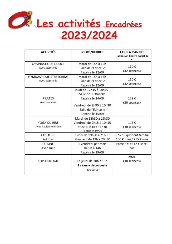 Activités encadrées saison 2023-2024