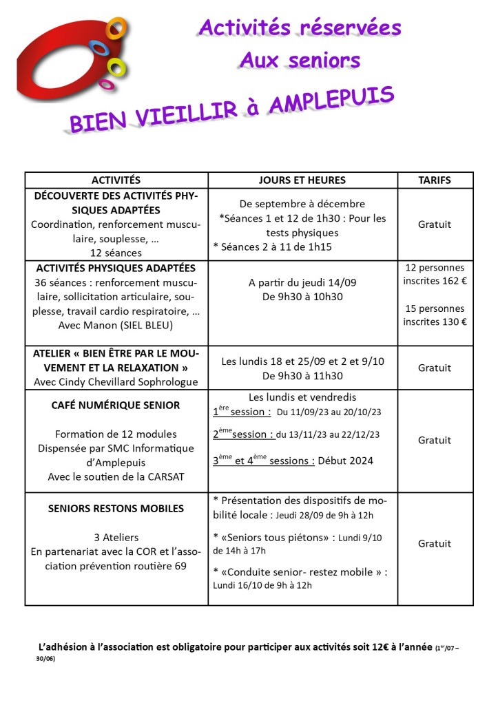 activités seniors rentrée 2023 2024